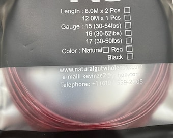 May include: A coil of red tennis string packaged in a black plastic pouch. The label features the text V5 The Terminator, NG, Length: 6.0M x 2 Pcs, 12.0M x 1 Pcs, Gauge: 15 (30-54lbs), 16 (30-52lbs), 17 (30-50lbs), Color: Natural, Red, Black.