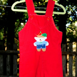 Vintage 80&#39;s / Teddy Bear Applique Dark Red Corduroy Overalls / Size 12 Month from Mine Alone