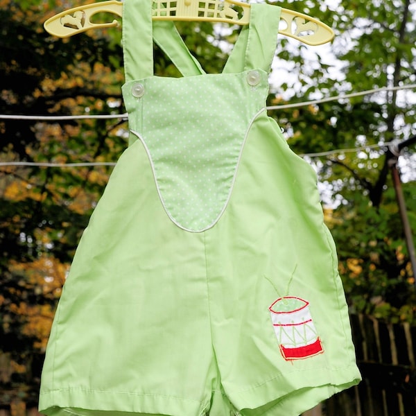 Vintage Baby Boy Green Cotton Short Romper / Drummer Boy / 12-18 Month Size