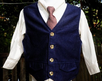 Vintage 90's / Boys 3-Piece Formal Vest Set / 2T 24M / Navy Blue Lightweight Fleece Vest, Shirt & Tie