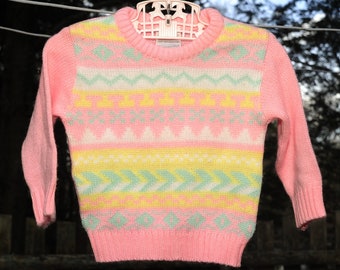 VTG 70's / Toddler Girls Montgomery Ward Pink Sweater / Geometric Front Stripe Design / 9-12 Month