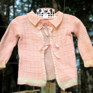 VTG 70's / Peach Toddler Girls Ribbon Tie Cardigan Sweater / Lightweight Wool / 9-12 12-18M / Baby Shower Gift image 1