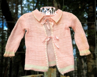 VTG 70's / Peach Toddler Girls Ribbon Tie Cardigan Sweater / Lightweight Wool / 9-12 12-18M / Baby Shower Gift