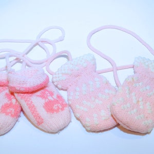 VTG 60's 70's / Two Pink Baby Knit Mitten Sets with Mitten Strings /  Baby Shower, New Baby Gift