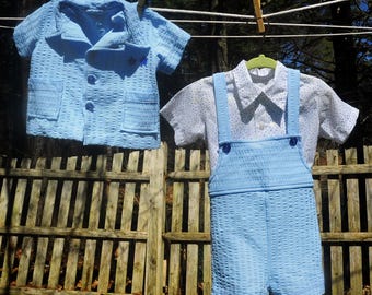 Conjunto de 3 piezas de seersucker azul para bebé niño, años 70, mono corto, camisa y chaqueta, talla 12 M