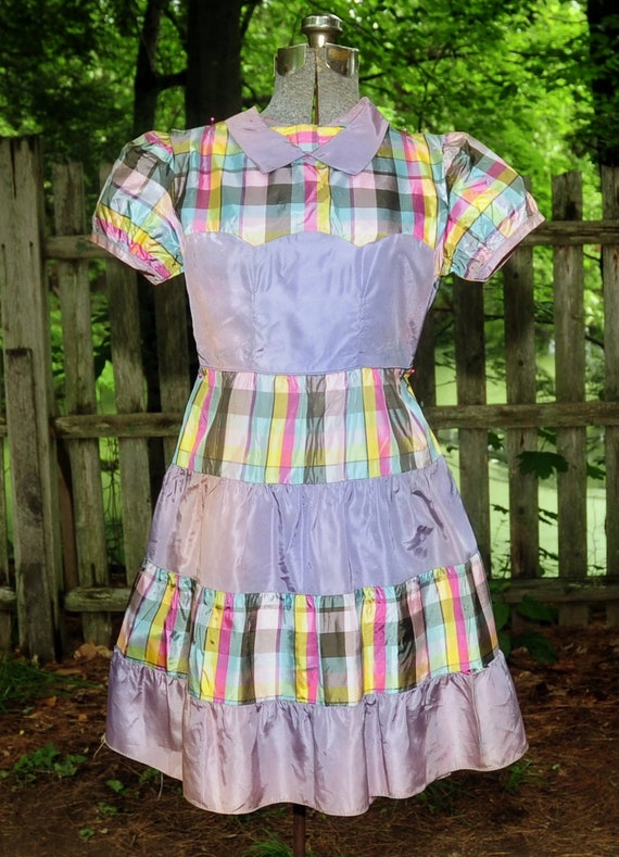 Vintage 50's 60's / Girls Taffeta Lavender Plaid … - image 2