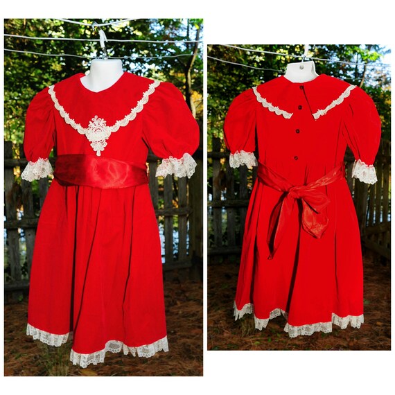 Vintage 80's / Girls Size 4 Red Velveteen & Lace … - image 1
