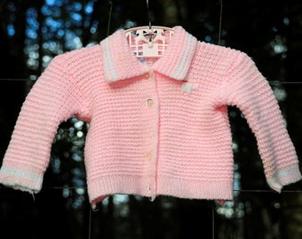 VTG 70's / Candleknits Baby Girls Pink Cardigan Sweater / 3-6M / Llama Dog Embroidery / Baby Shower Gift