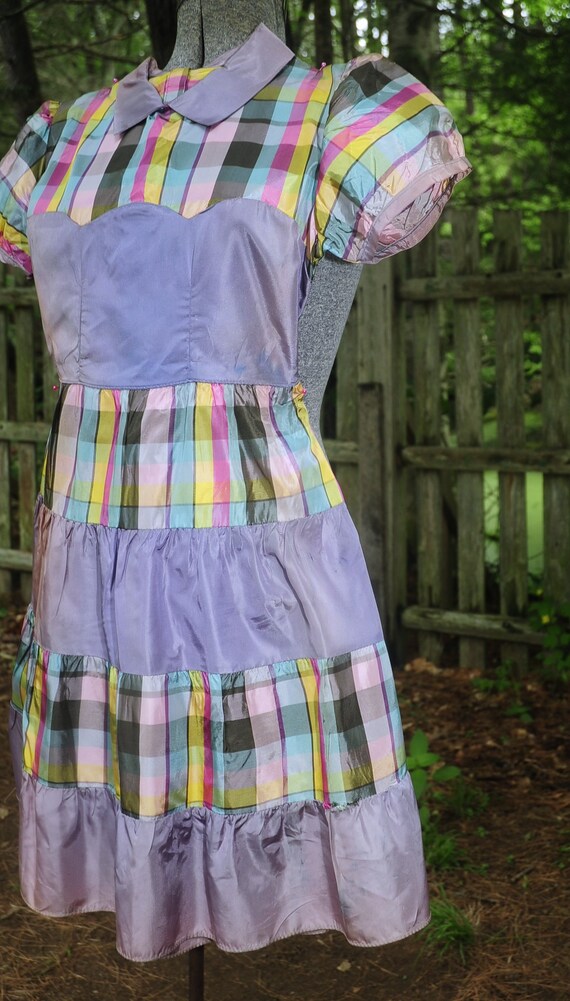 Vintage 50's 60's / Girls Taffeta Lavender Plaid … - image 5