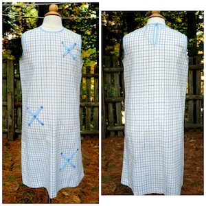 Vintage 60&#39;s / Girls Blue & White Check Shift Sheath Dress / Size 14-16 / Tic Tack Toe &quot;X&quot; Design
