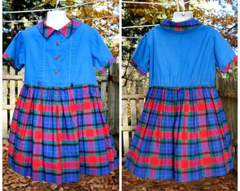 Vintage 1960's / Girls Blue & Red Jewel Tone Plaid School, Church Dress / Size 12