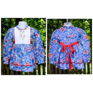 Vintage 80&#39;s / Little Girls Blue Floral Party Church Dress / Size 2T / Fan Bodice Embroidery
