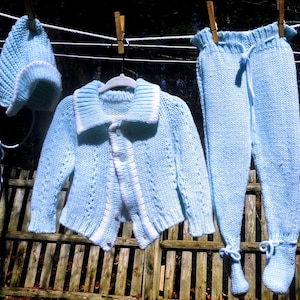 VTG Baby Boys 3-Piece Blue & White Knit Set / Pants Sweater and Hat / 12M / Handmade?