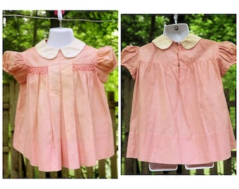 Vintage 60er Jahre / Kleinkind Mädchen Rosa Gingham Baumwolle Party Kirche Kleid / Mieder Smocking / Größe 2T/3