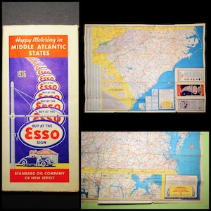 VTG 1936 Esso/Standard Oil Middle Carte routière des ÉTATS DE L'ATLANTIQUE / Décoration murale pour la fête des Pères / Éphémères