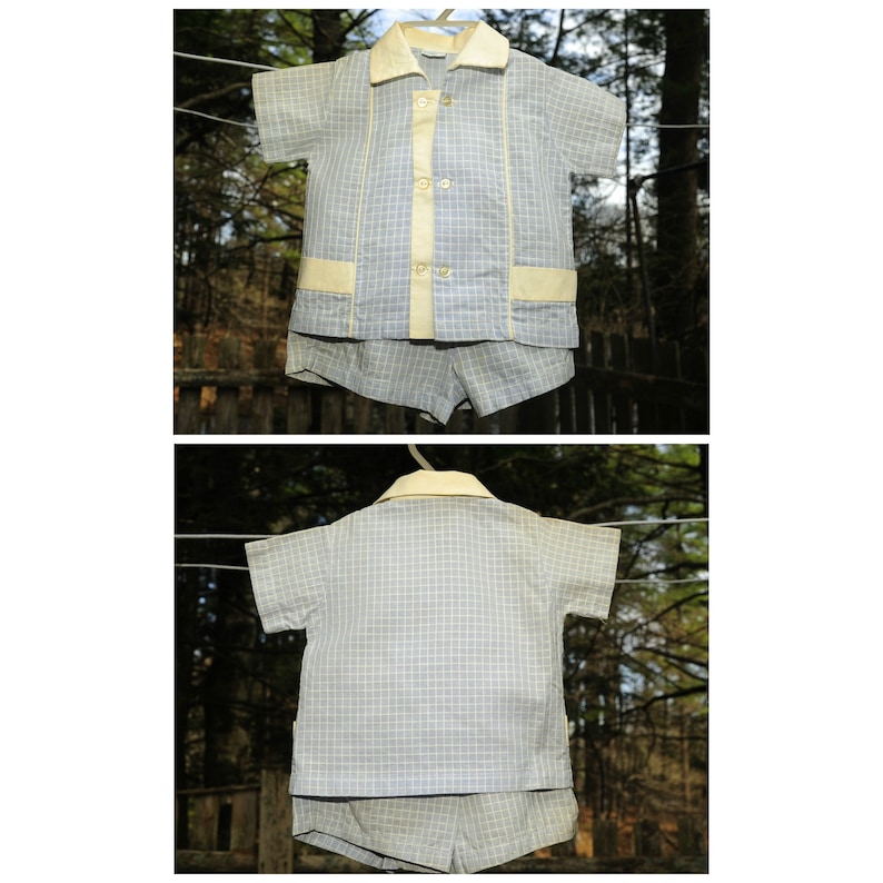 6-9 Baby Shower Gift VTG 50/'s Baby Boys Blue /& White Short Set Outfit Windowpane Check 3-6