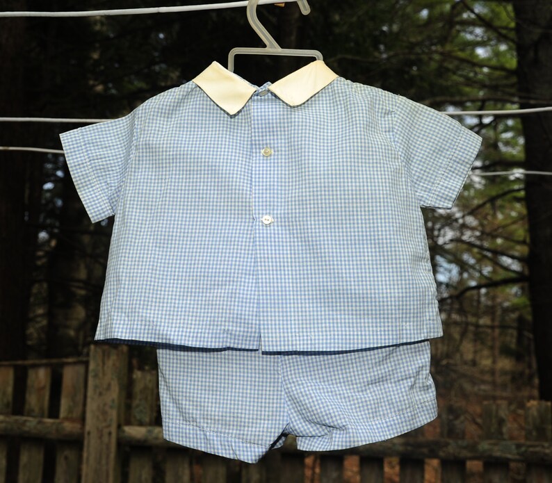 VTG 50's / Baby Boy Blue Gingham Check 2piece Short Set Outfit / 36