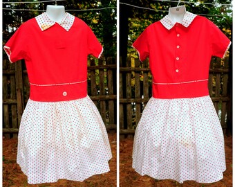 Vintage 60's / Girls Red & Ivory Polka Dot Cotton Dress / Size 10 / Costume, Theater, Pattern Study