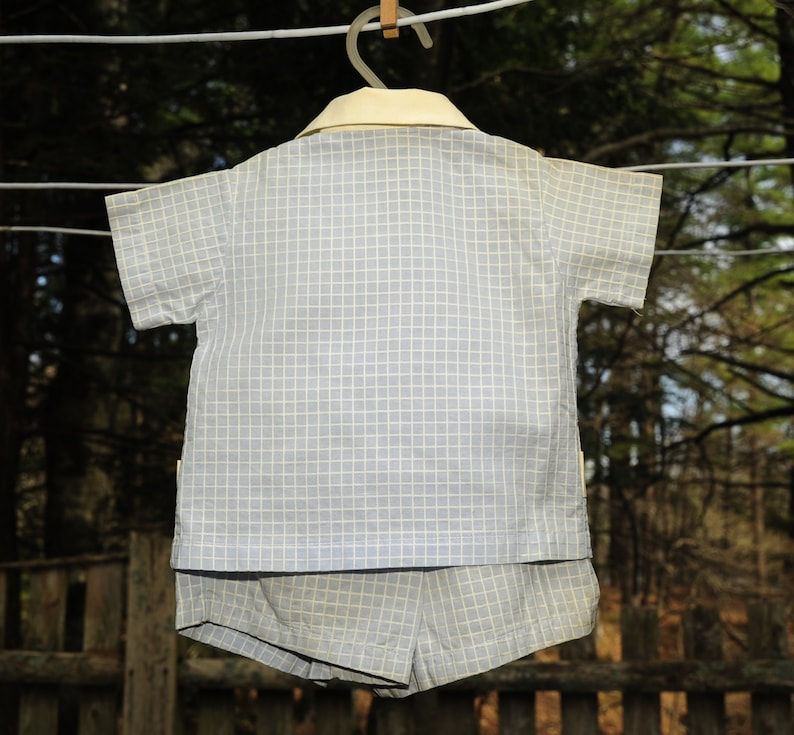 6-9 Baby Shower Gift VTG 50/'s Baby Boys Blue /& White Short Set Outfit Windowpane Check 3-6