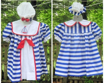 Vintage 80&#39;s / Little Girls Blue Striped Sailor Dress & Hat Set / Size 3T / by Nana&#39;s Pet