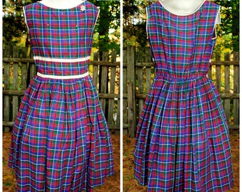 Vintage 60's / Girls Cotton Sleeveless Blue Plaid School Dress / Size 10-12 / Fit Flare Style