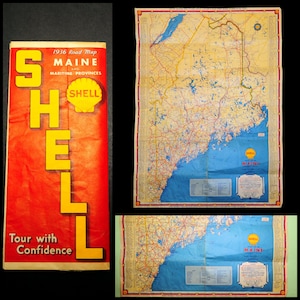vintage 1936 / Carte routière du MAINE et des provinces maritimes / Huile de coquillage / Décoration murale