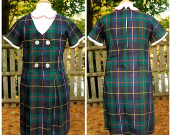 Vintage 1960's / Girls Navy Blue & Hunter Green MacLennon Plaid Cotton School Dress / Size 12