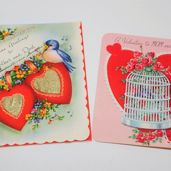 VTG 40's 50's / MOM & DAD Valentine's Day Folded Card Lot of 2 / Ephemera Scrapbook Greeting Card