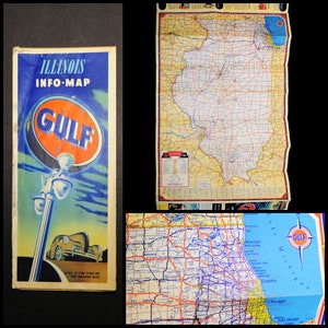Vintage 1945 / ILLINOIS Gulf Oil Travel Road Map / Pared, Decoración de la guarida / Regalo de papá graduado