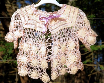 Vintage 50's / Delicate Peach Crochet Baby Sweater Jacket / 3-6 6-9 Month