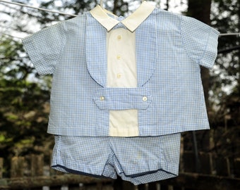 VTG 50's / Baby Boy Blue Gingham Check 2-Piece Short Set Outfit / 3-6, 6-9M / Baby Shower Gift