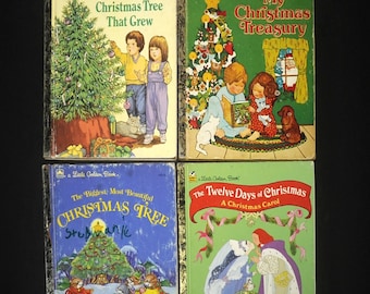 May include: Four vintage Little Golden Books about Christmas. The books are green, blue, and yellow with illustrations of Christmas trees, children, and a Christmas carol scene.