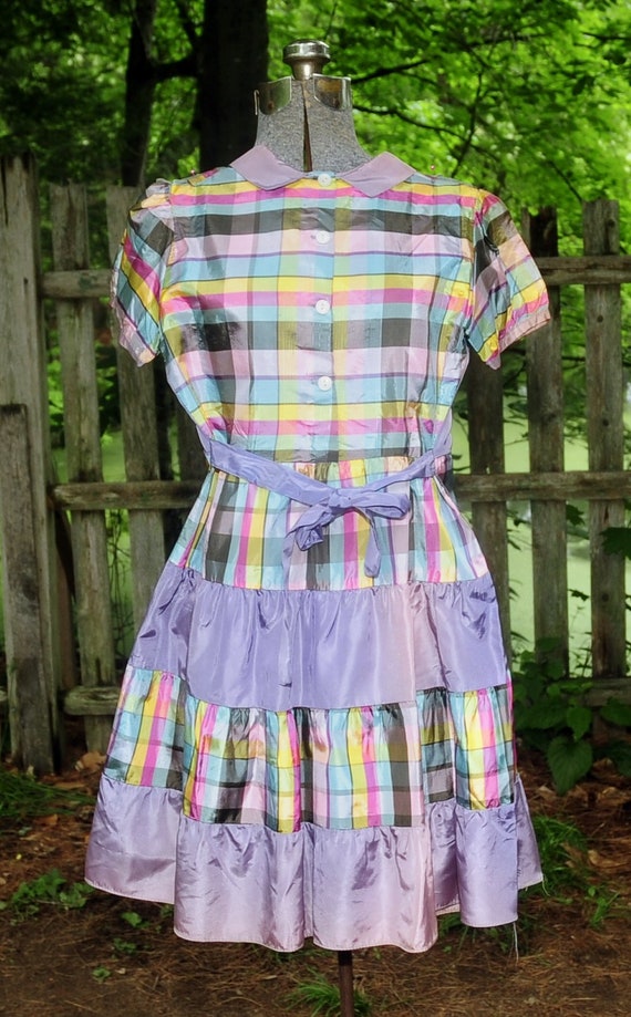 Vintage 50's 60's / Girls Taffeta Lavender Plaid … - image 7