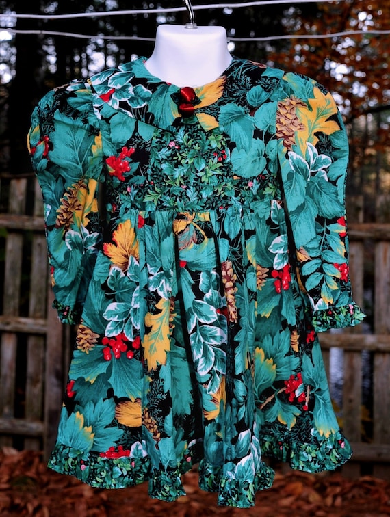 VTG 80 s Polly Flinders Girls Christmas Dress Pine Cones Leaf Berry Print Size 2T Etsy Canada