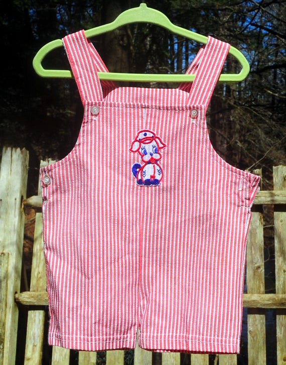 VTG Toddler Red White Stripe Cotton Short Overalls 12-18M