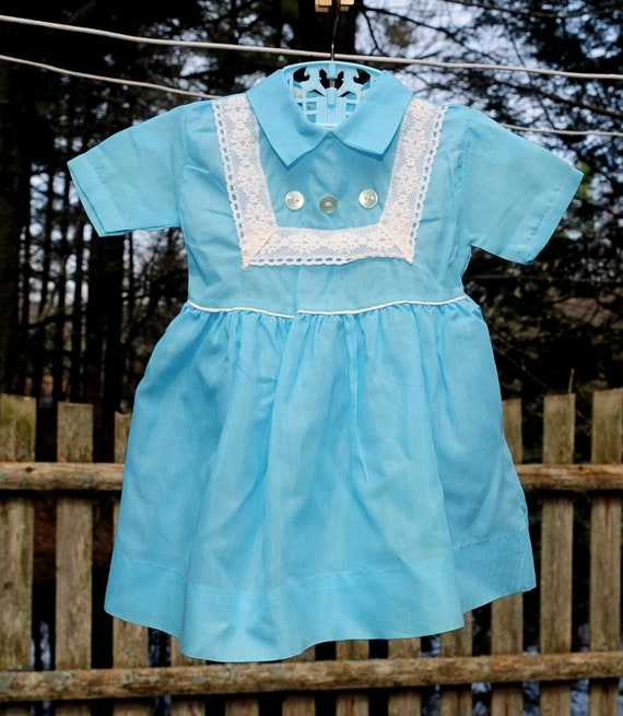 VTG 50 s 60 s Girls Blue Cotton Party Dress 12 18M 18 24M 2