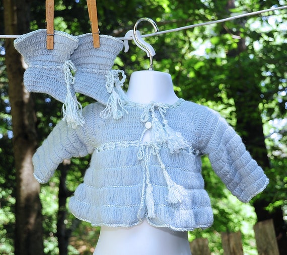 Vintage 60's / Baby Girls Wedgewood Blue Crochet … - image 1