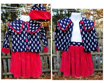 Vintage 80s / Izaroo Girls 3-Piece Red Velvet Skirt Set / Paisley Print Jacket & Matching Hat / Size 3