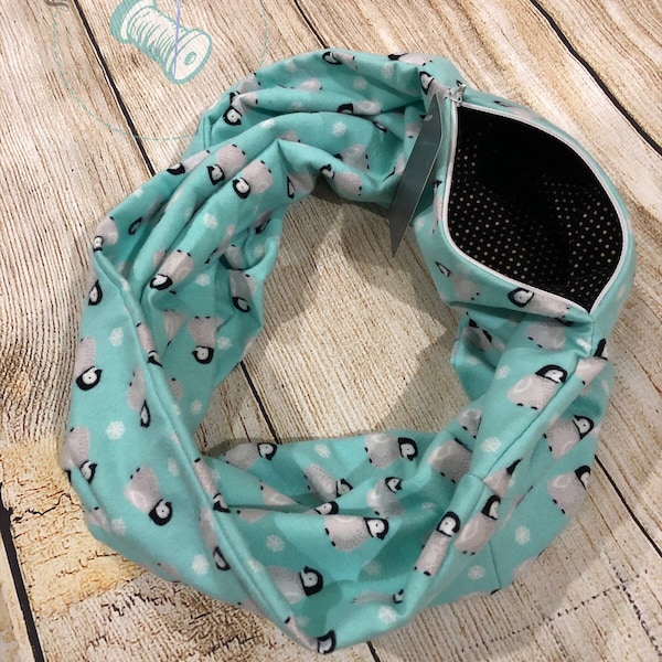 READY TO SHIP - Luxe Flannel Penguin Infinity Scarf with Hidden Zipper Pocket