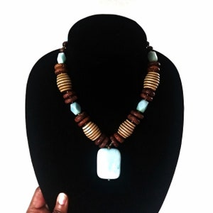 Vintage Wooden and Natural Stone Beaded Tribal Necklace. Lovely Baby Blue and Brown Bohemian Necklace with Pendant.