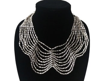 Vintage Tribal Ethnic Layered Mixed Metal Beaded Necklace. Indian Necklace with Vtg Silvertone collar