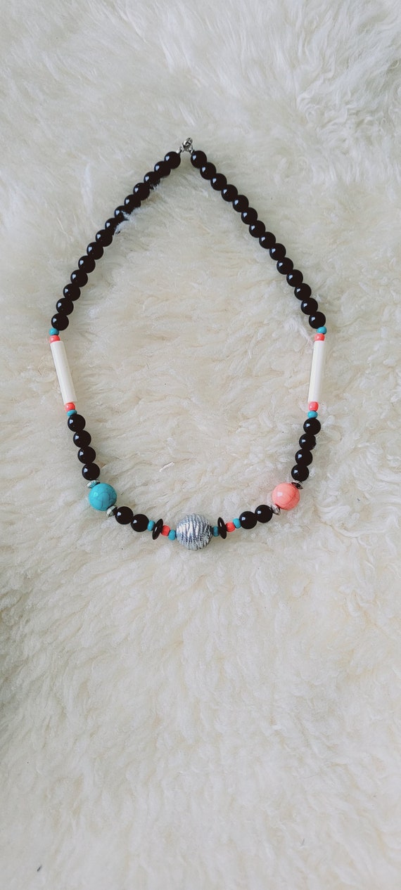 Onyx, coral and turquoise colored beaded necklace. - image 4