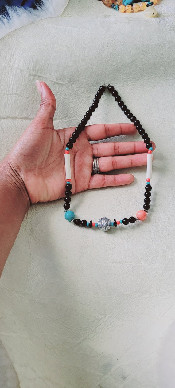 Onyx, coral and turquoise colored beaded necklace. - image 3