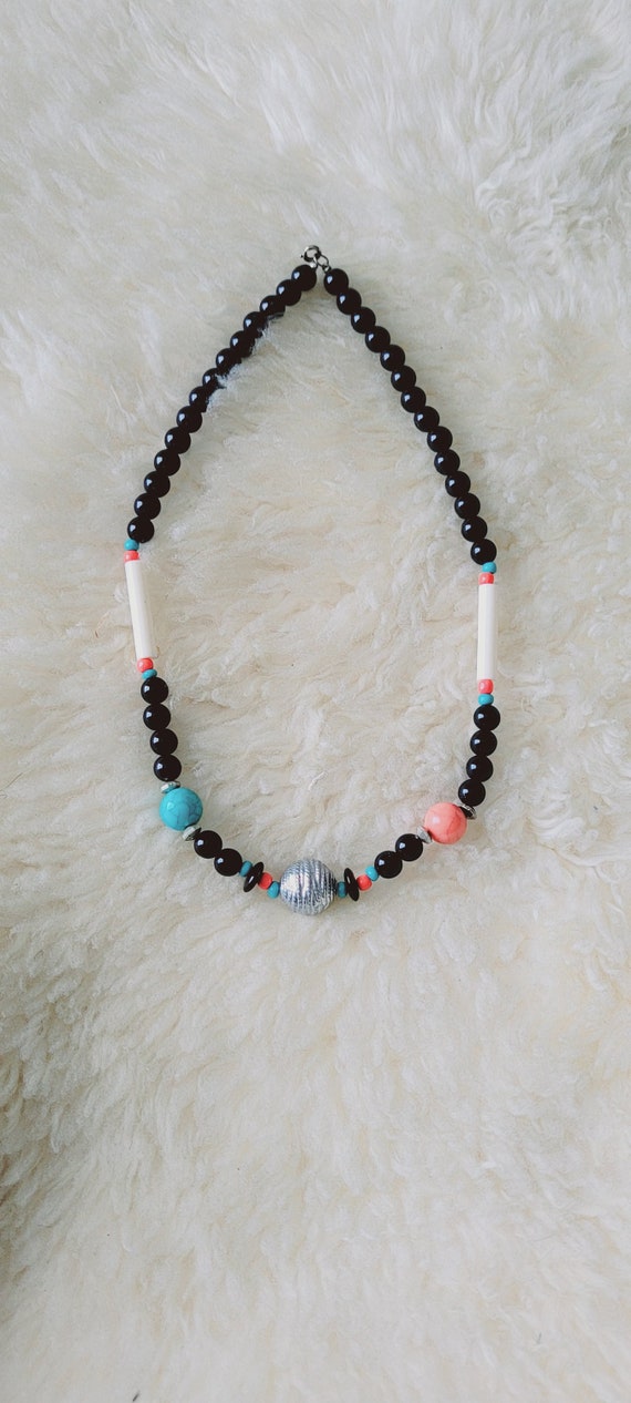 Onyx, coral and turquoise colored beaded necklace. - image 5