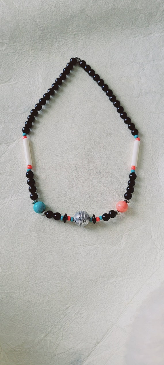 Onyx, coral and turquoise colored beaded necklace. - image 6