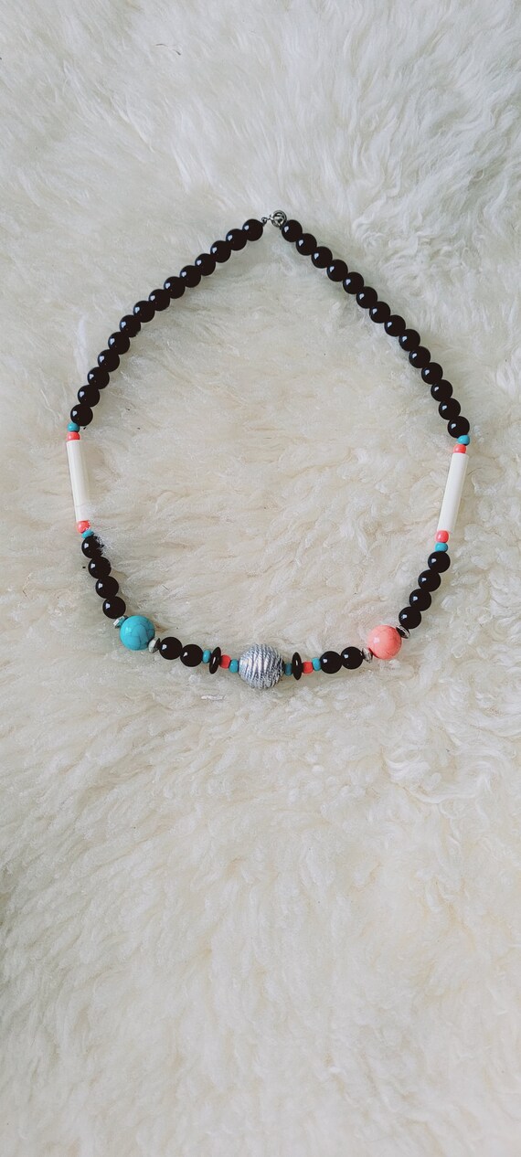 Onyx, coral and turquoise colored beaded necklace. - image 9