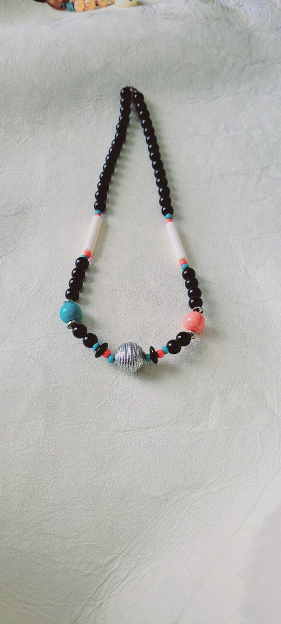 Onyx, coral and turquoise colored beaded necklace. - image 8