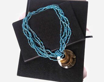 Vintage Blue Abalone Shell Multilayered Necklace. Beaded Turquoise Abalone Pendant  Bohemian Beach Necklace