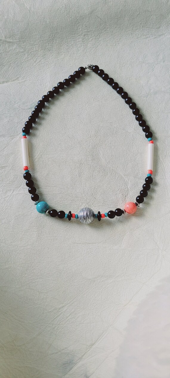 Onyx, coral and turquoise colored beaded necklace. - image 7