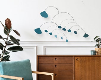 Teal Ginkgo Mobile: Mid-Century Modern Hanging Kinetic Art